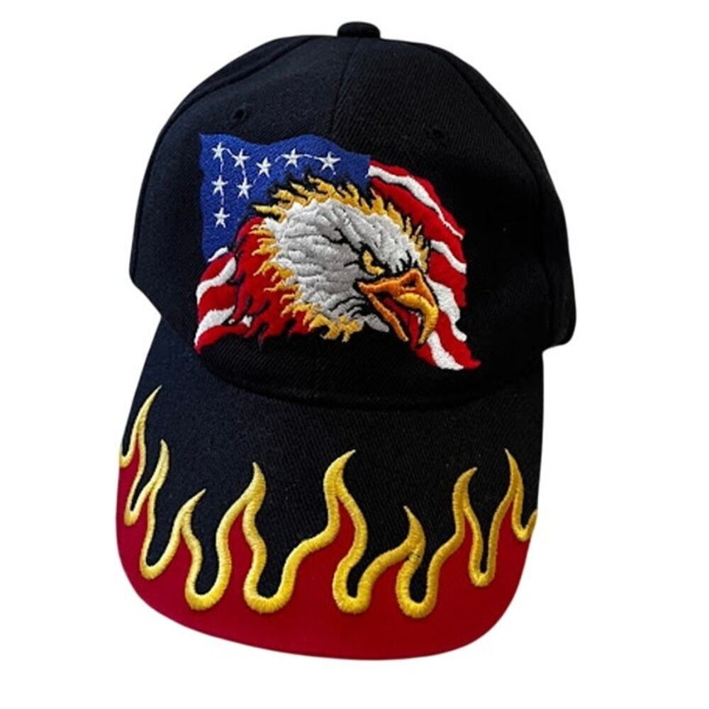Santo Cap USA Bald Eagle American Flag Flames Black Snapback Baseball Cap OSFA